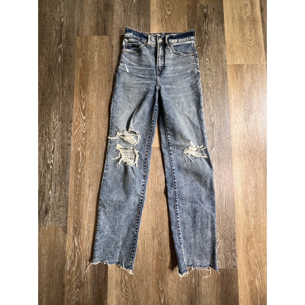 Express Modern Straight Jeans Women 00R Blue Distressed‎ High Rise Raw Hem